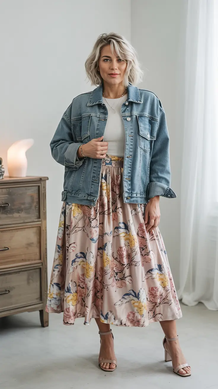 midsize fall outfits ideas 2025-Playful Florals Meet Denim Cool