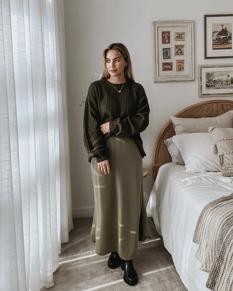 midsize fall outfits ideas 2025+Cozy Neutrals with Knitwear Elegance