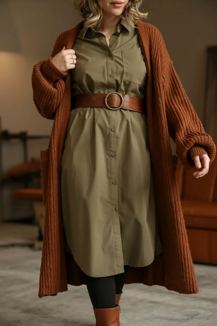 midsize fall outfits ideas 2025-Elevated Earth Tones With a Belted Statement