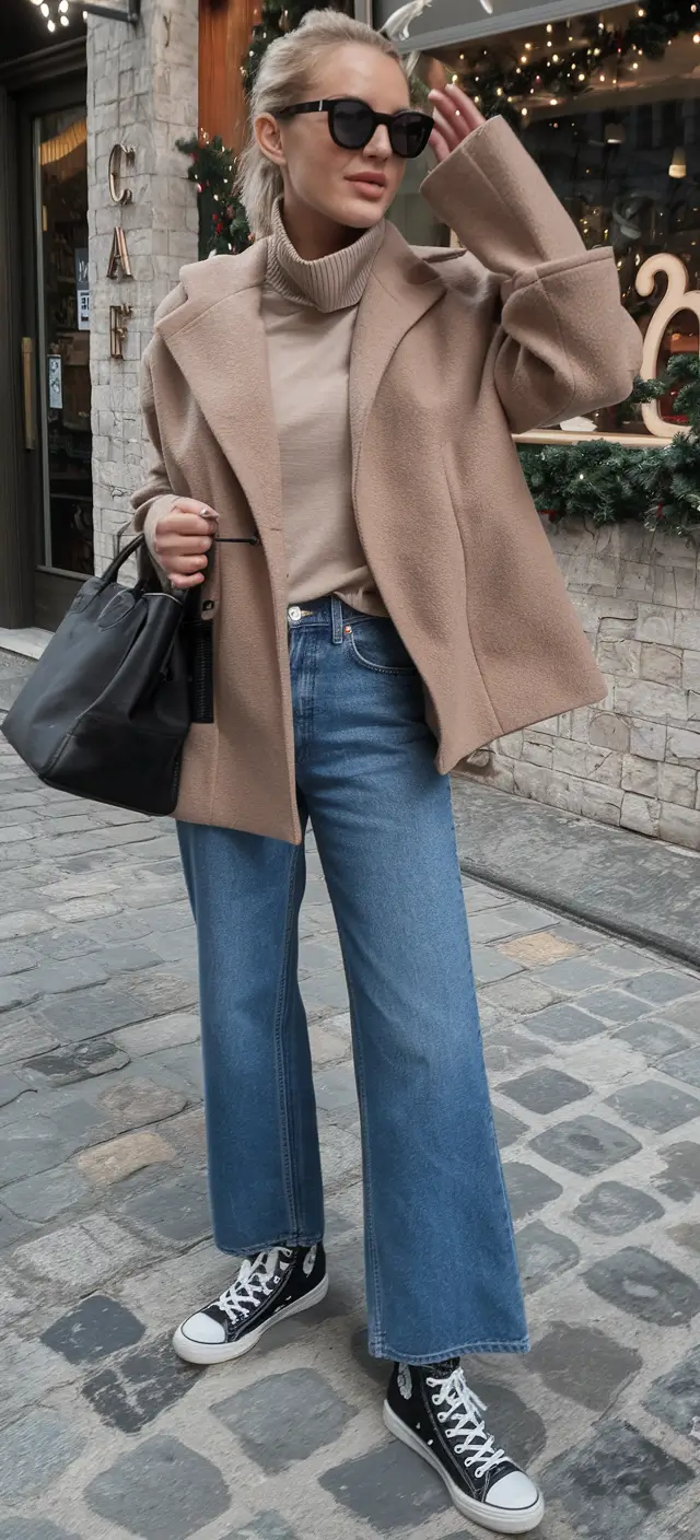 mom outfits ideas for fall 2025-Coffee Run Meets Cool Girl: Classic Denim & Cozy Camel