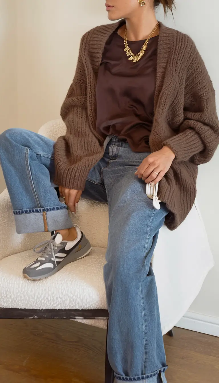 mom outfits ideas for fall 2025-Cozy Textures, Rich Tones: Chocolate & Denim Mix
