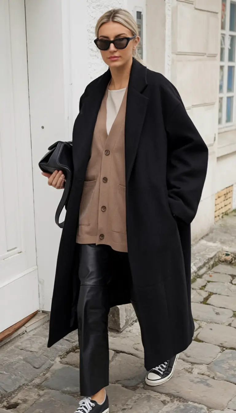 mom outfits ideas for fall 2025-Statement Outerwear: Black Coat, Leather Pants, and Layers