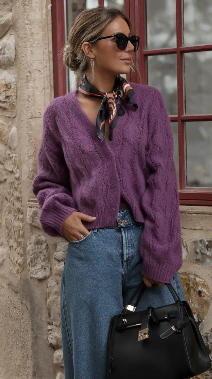 mom outfits ideas for fall 2025-Pop of Personality: Lavender Knit & Silk Scarf Accent