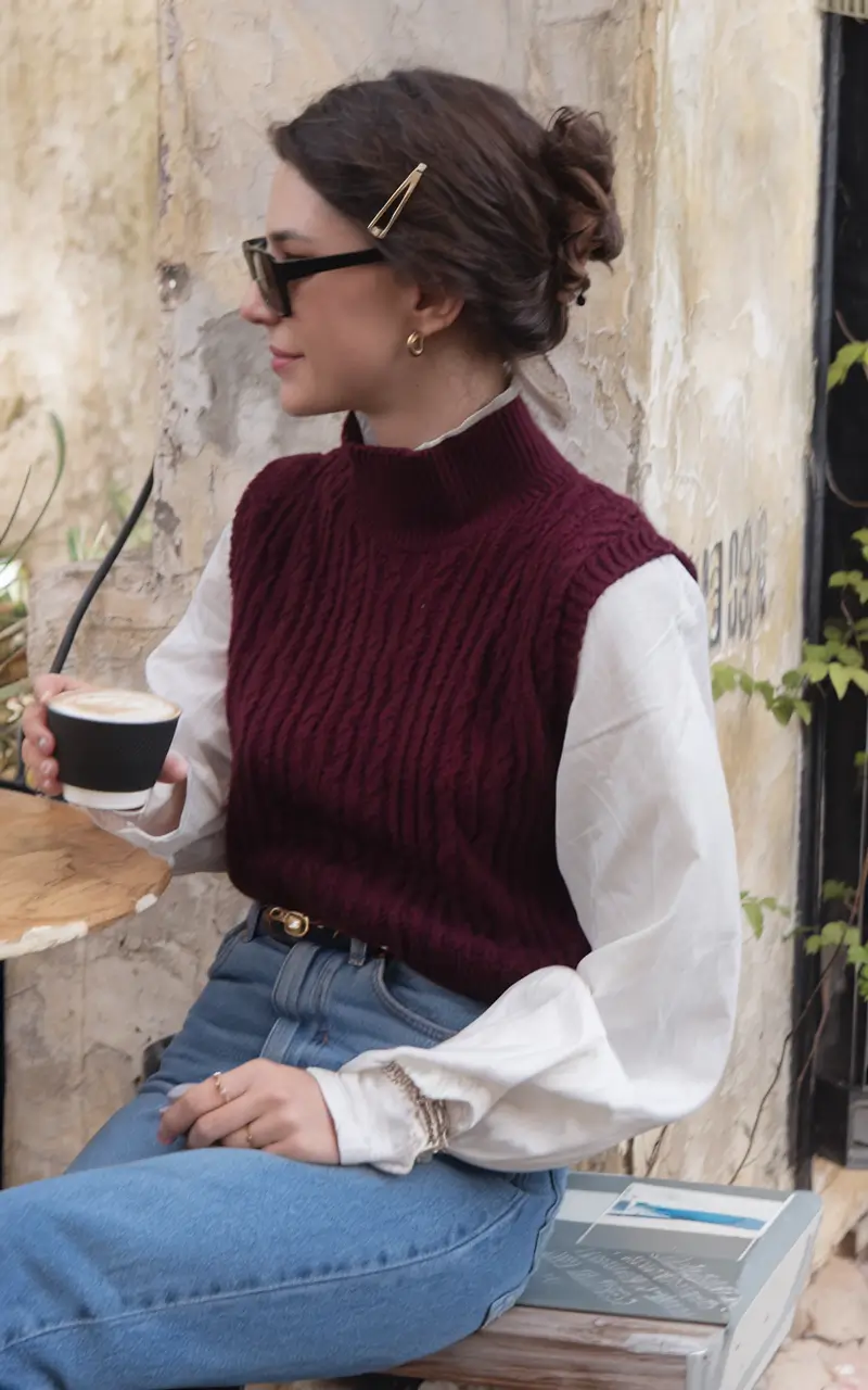 mom outfits ideas for fall 2025-Layered Vintage: Rich Burgundy & Romantic Sleeves