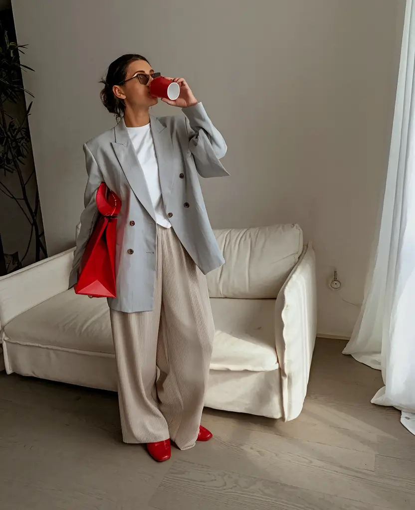 mom outfits ideas for fall 2025-Modern Power Look: Oversized Blazer & Statement Red