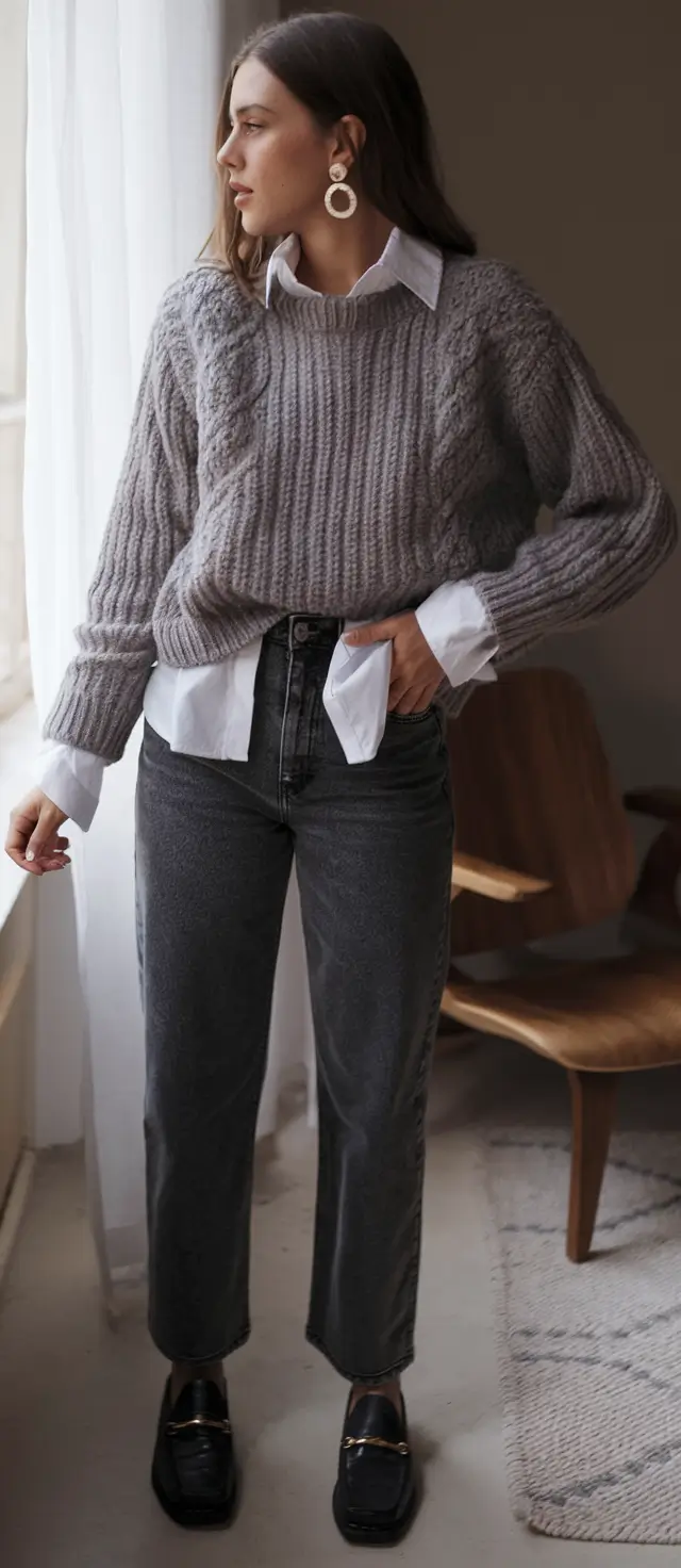 mom outfits ideas for fall 2025-Classic and Crisp: Denim Meets Statement Texture