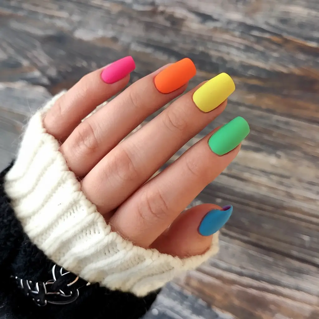 neon nails to glow all summer 2025 Matte Skittles: The Rainbow Calm