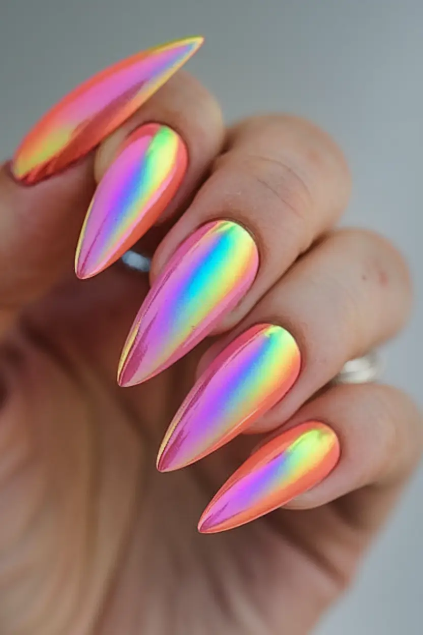 neon nails to glow all summer 2025 Prismatic Mirage: The Chrome Neon Rainbow