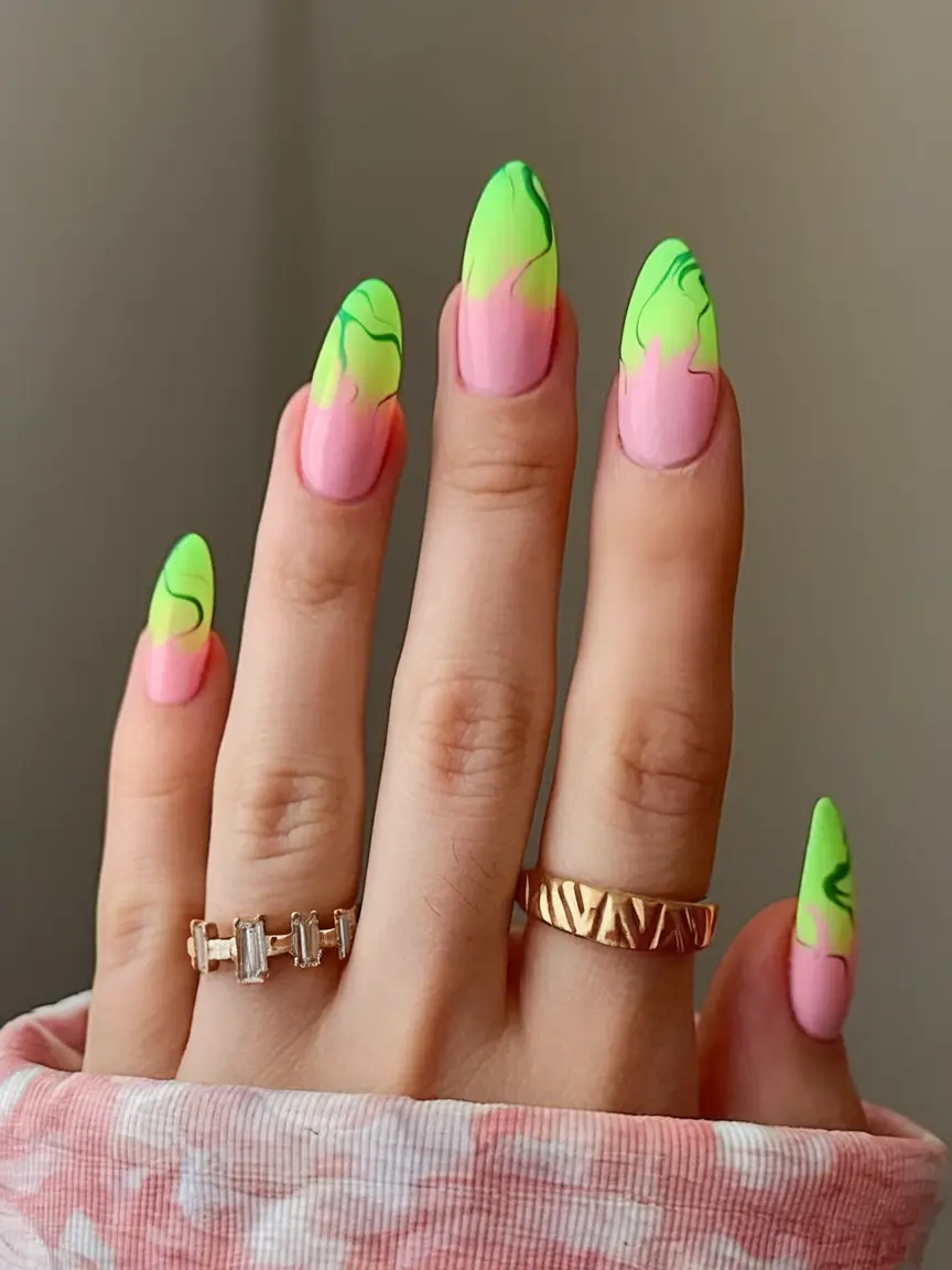 neon nails to glow all summer 2025 Watermelon Electric: The Swirl Effect