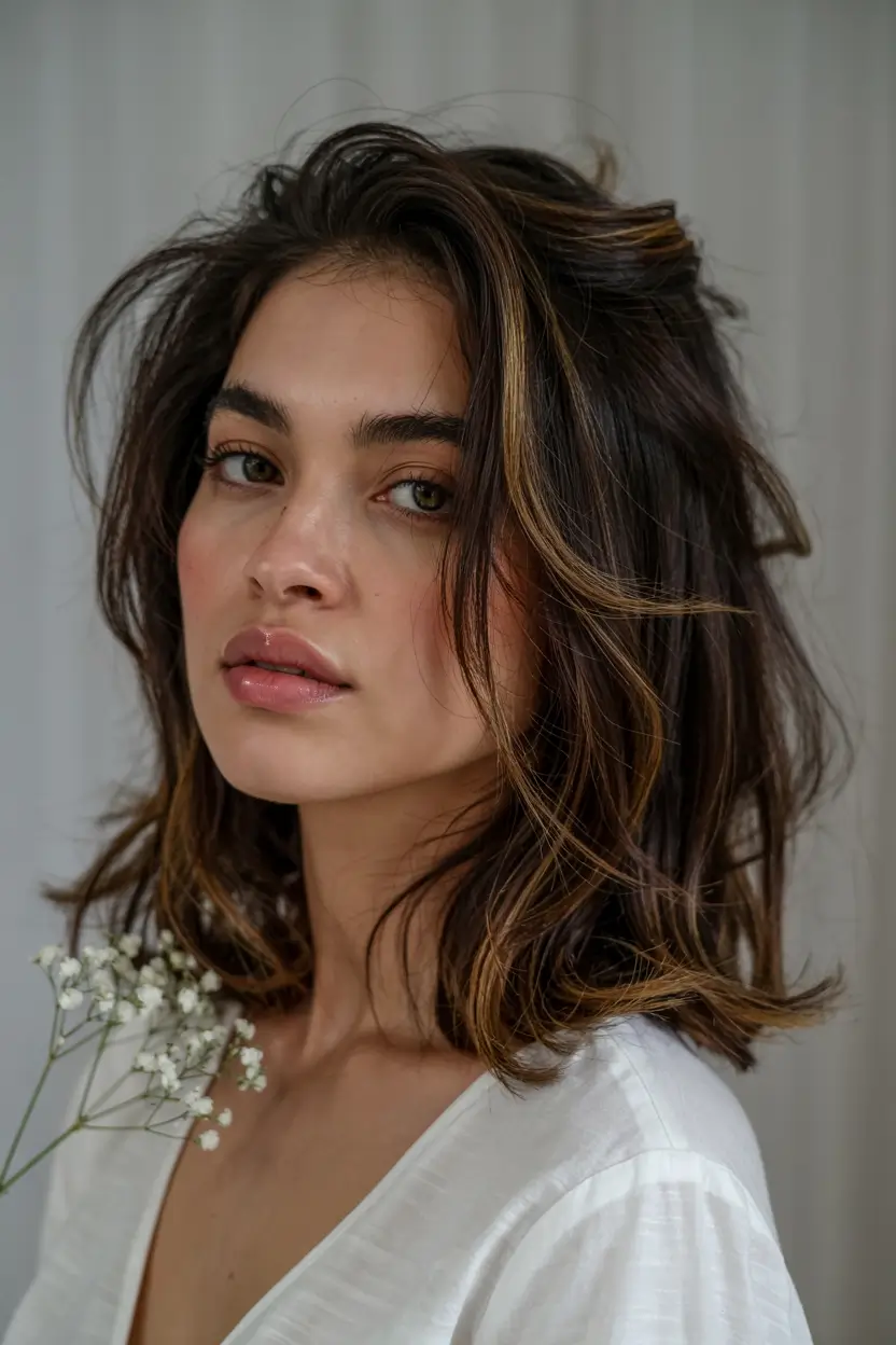 new haicuts - august 2025 ideas Dark Chocolate Lob with Sunkissed Strands