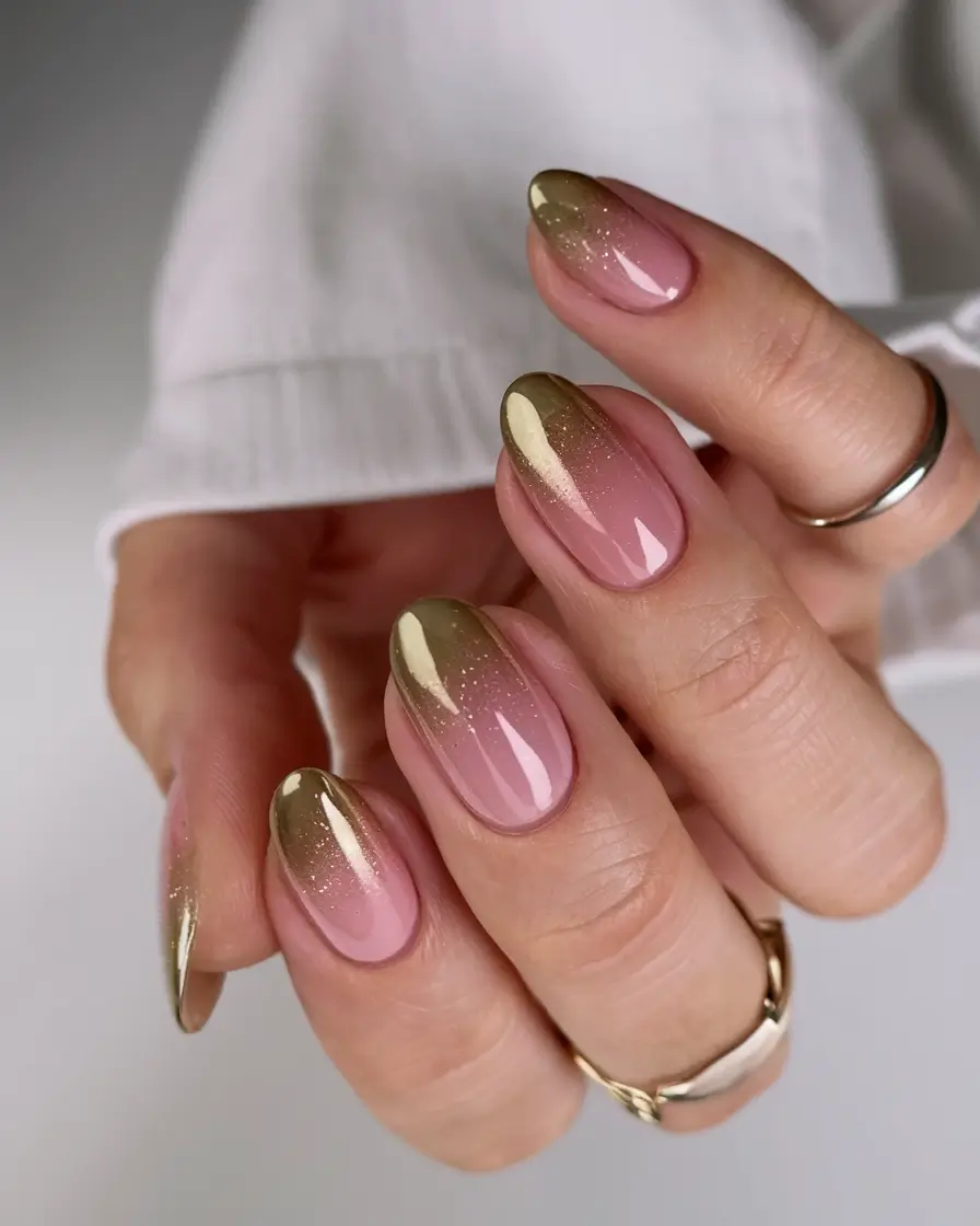 ombre nail designs to try summer 2025 Golden Hour Ombre with Metallic Accents