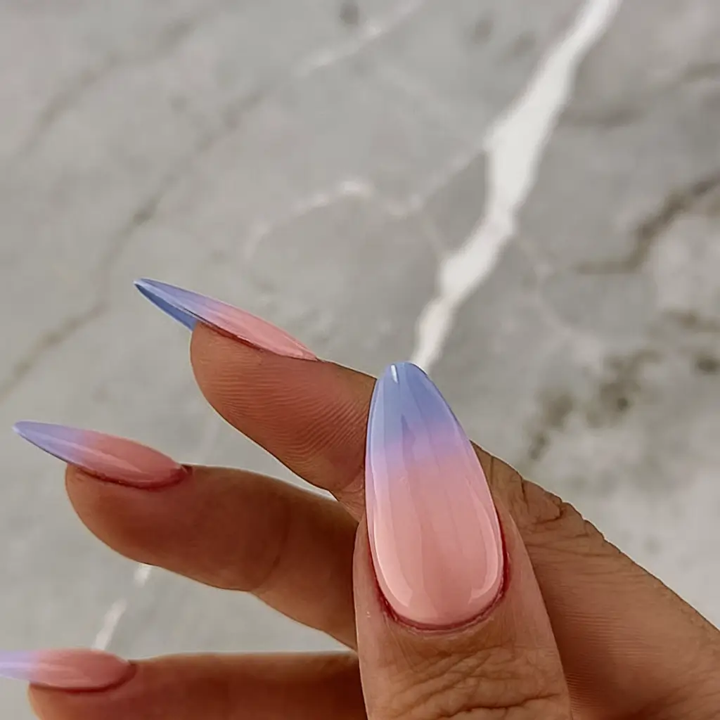 ombre nail designs to try summer 2025 Periwinkle Dreams with Peach Tones