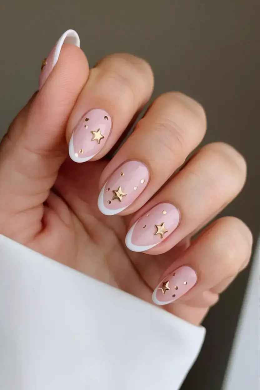 oval nail inspo for summer 2025 looks Celestial Gold Stars and Side-Tipped French