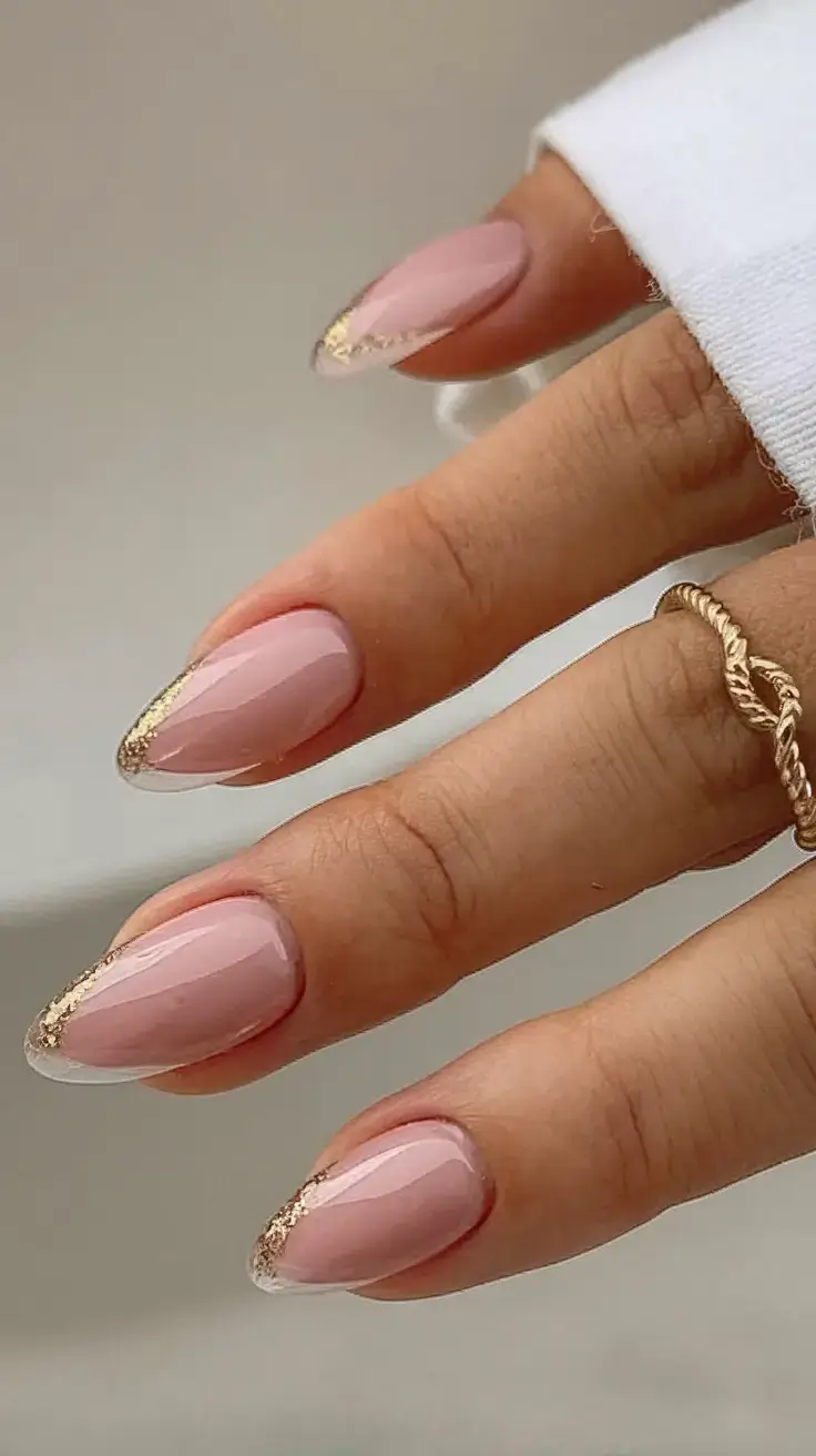 oval nail inspo for summer 2025 looks Gold-Lined Soft Blush