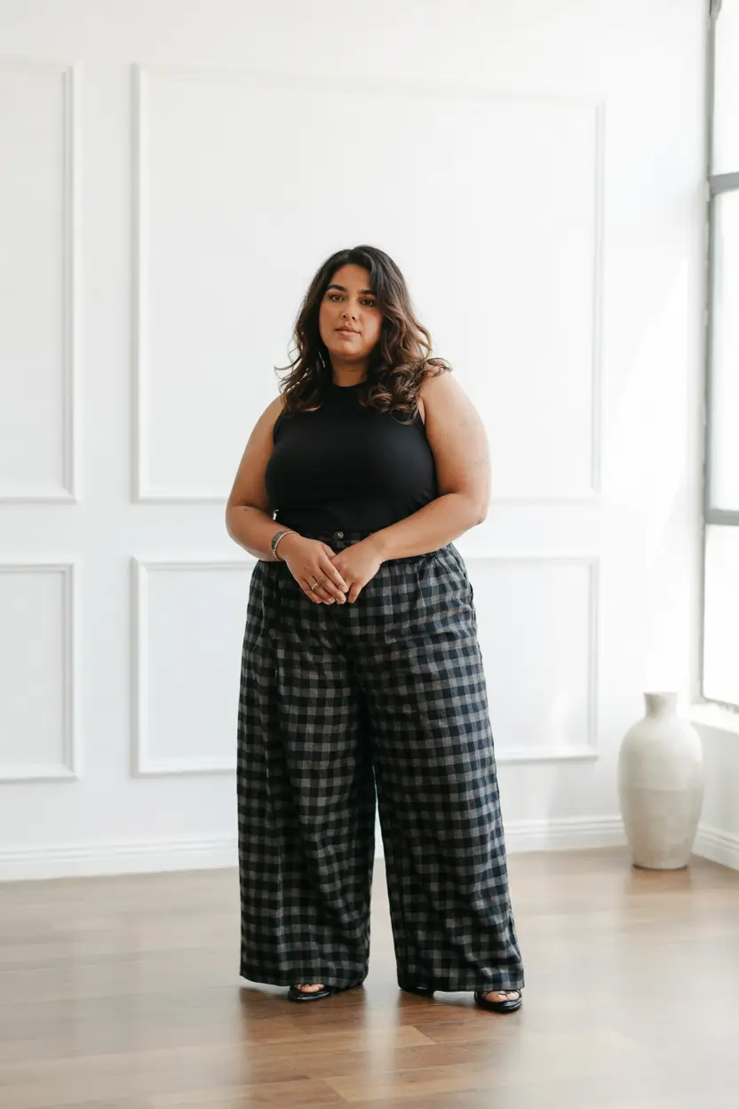 plus size fall fashion ideas 2025 Monochrome Mood with Gingham Grace