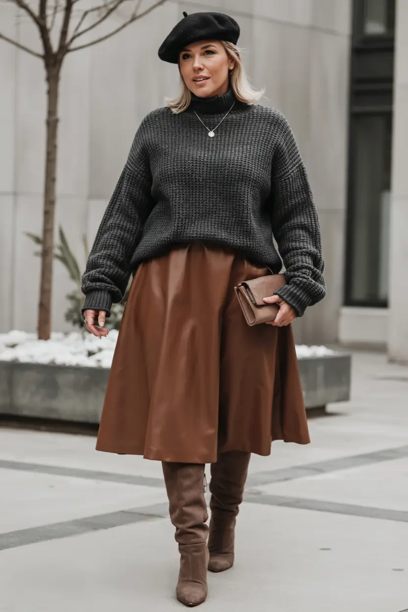 plus size fall fashion ideas 2025 Parisian Drama with Leather and Knit