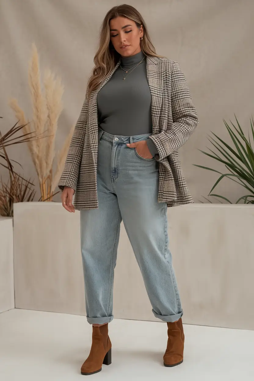 plus size fall outfit Structured Casual: Where Tailoring Meets Denim Ease