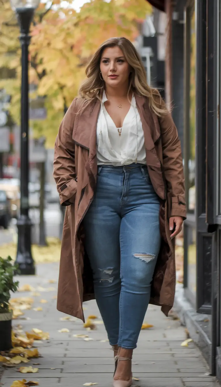 plus size fall outfit Downtown Stroll: Trench Coats & Distressed Denim