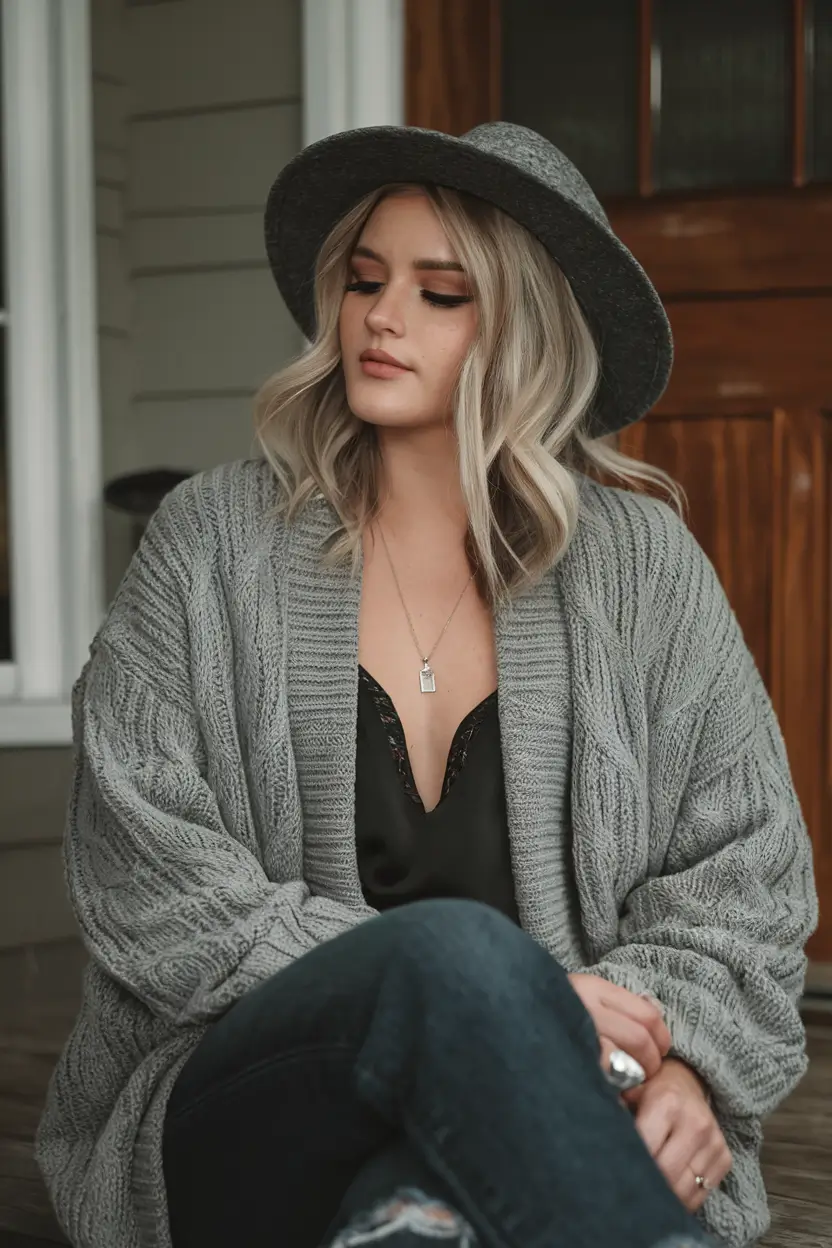 plus size fall outfit Soft Layers and Satin: Porch Perfection in Greyscale