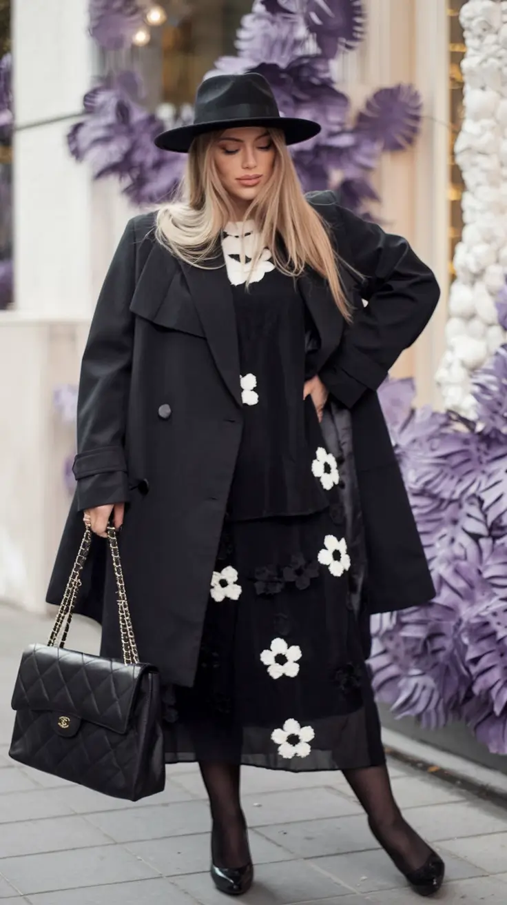 plus size fall outfit Dark Romance: Oversized Florals Meet Structured Outerwear