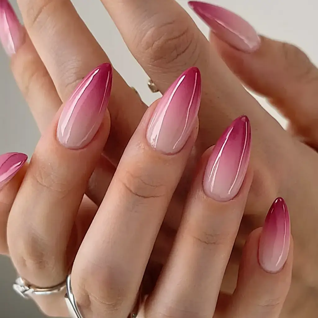 prettiest pink nails for summer 2025 Berry Pink Fade with a Glossy Finish