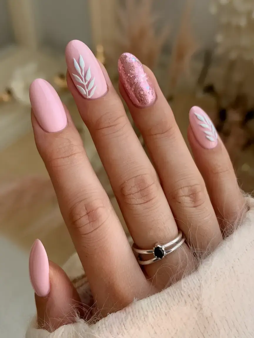 prettiest pink nails for summer 2025 Pink Glitter & Botanical Vibes