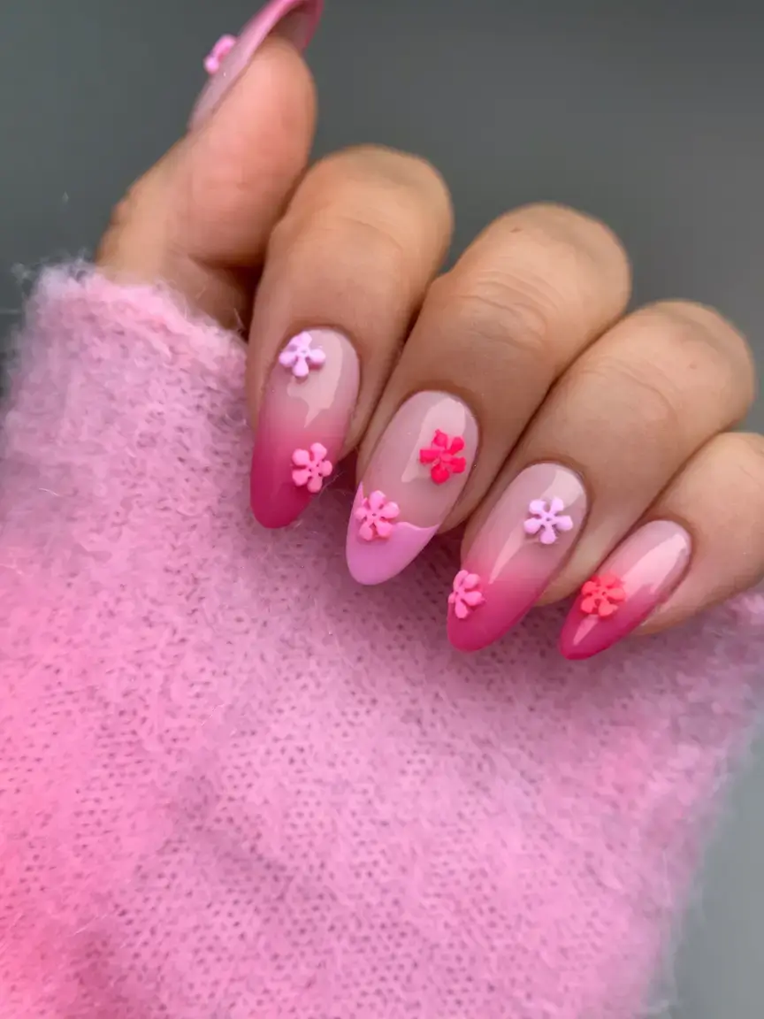 prettiest pink nails for summer 2025 Blended Ombre with 3D Blossoms