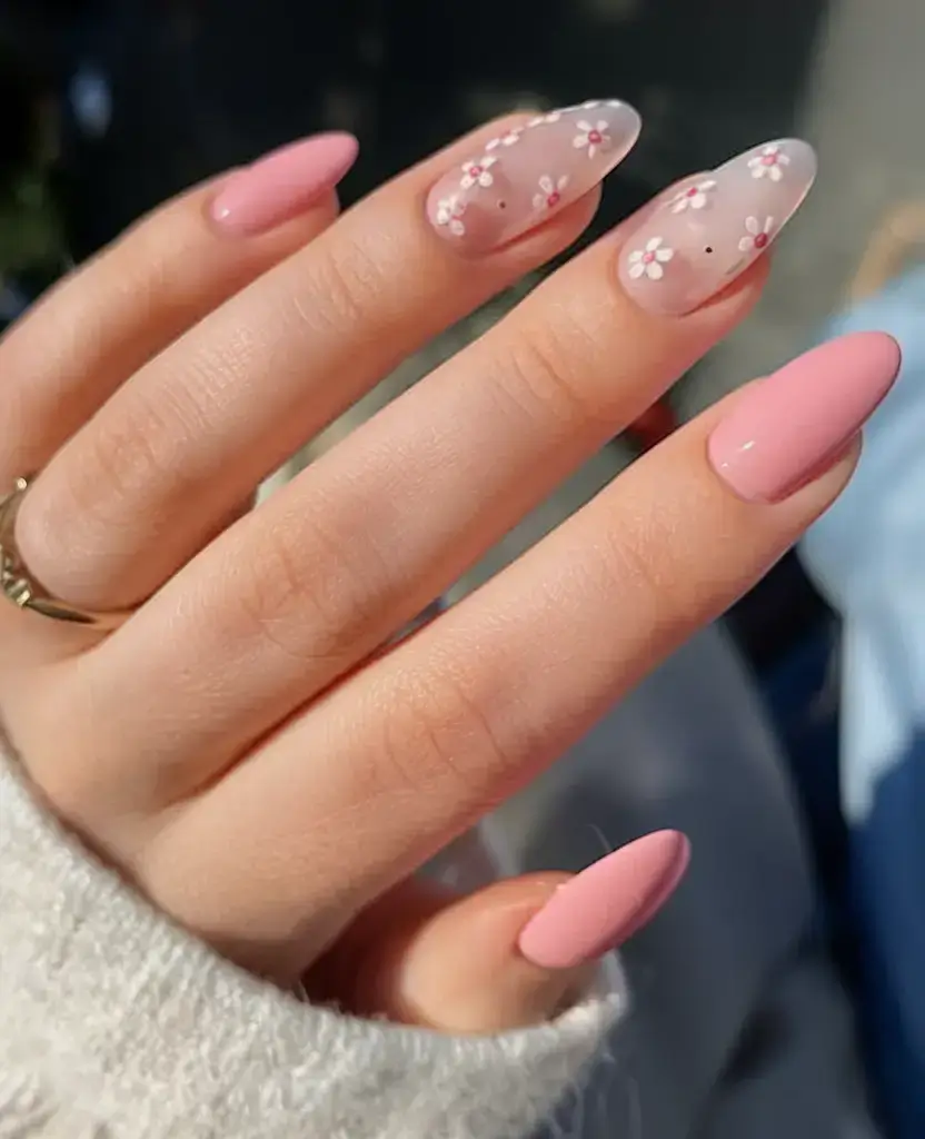 prettiest pink nails for summer 2025 Matte Pink and Dainty Daisies