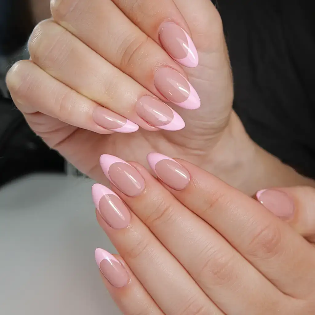 prettiest pink nails for summer 2025 Almond Frenchies with Barely-There Pink