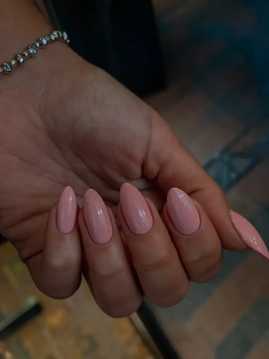 prettiest pink nails for summer 2025 Glossy Nude-Pink Almond Perfection