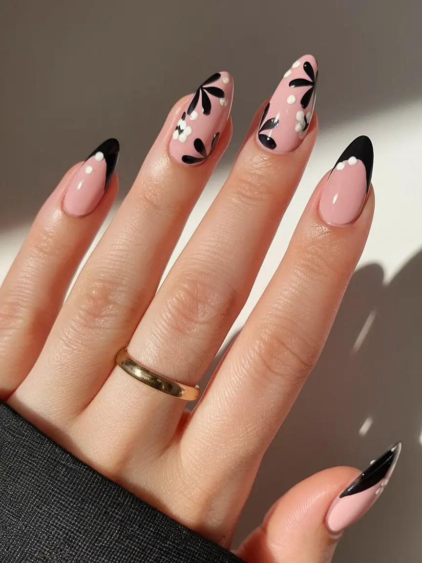 pretty summer nails youll want in 2025 Monochrome Petal Drama