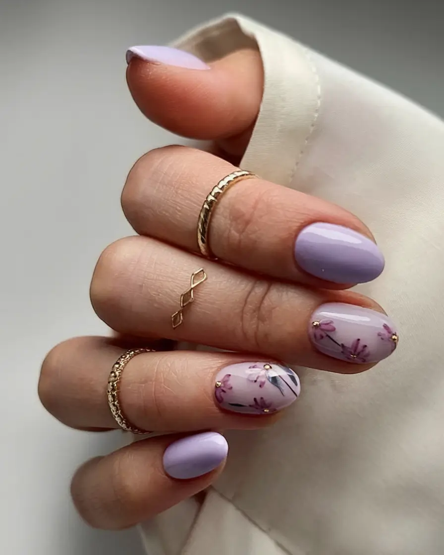 purple summer nails youll love in 2025 Delicate Lavender Florals With Subtle Gold Accents