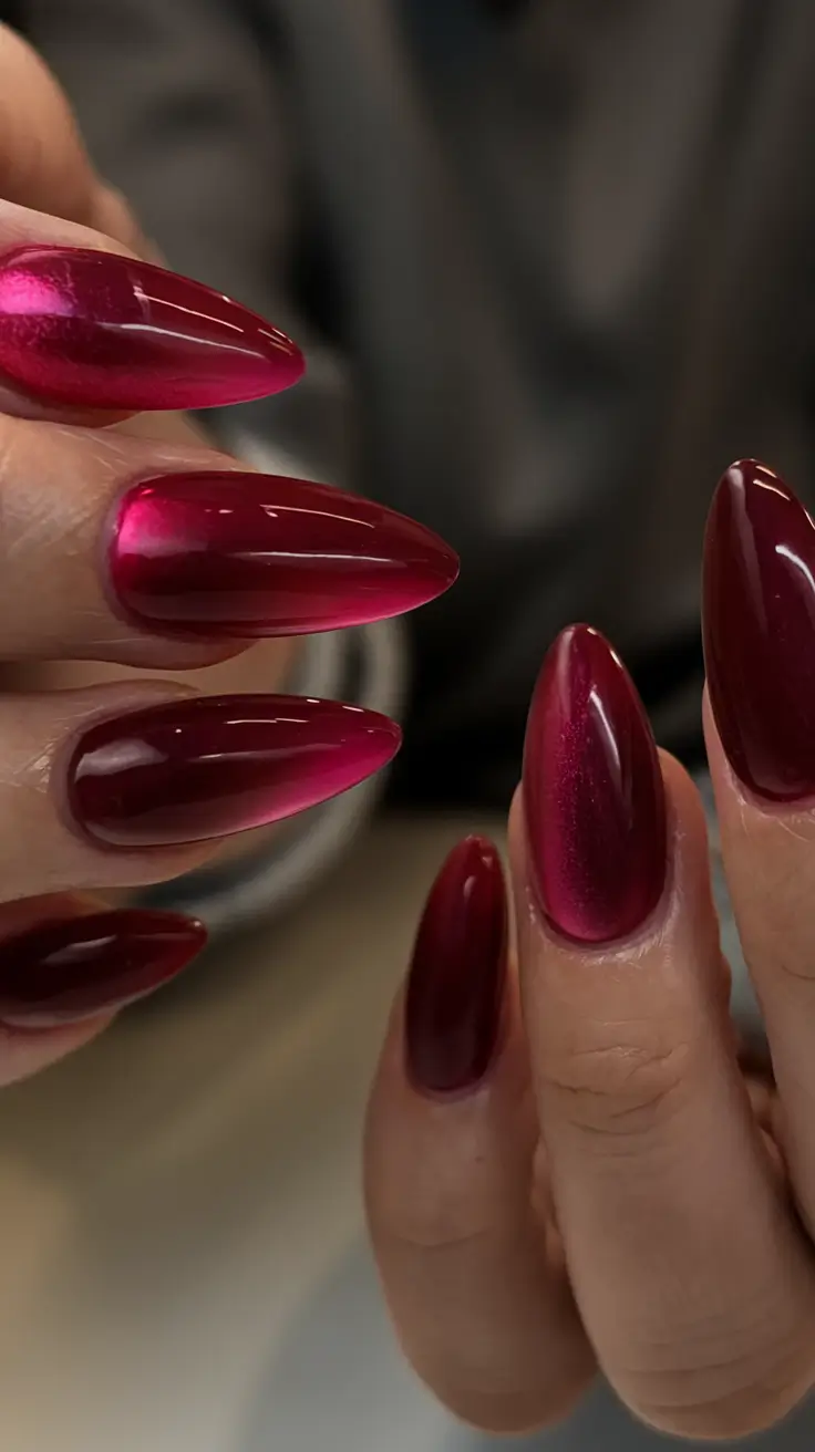 red summer nails that pop in 2025 Magnetic Burgundy with Cat Eye Effect