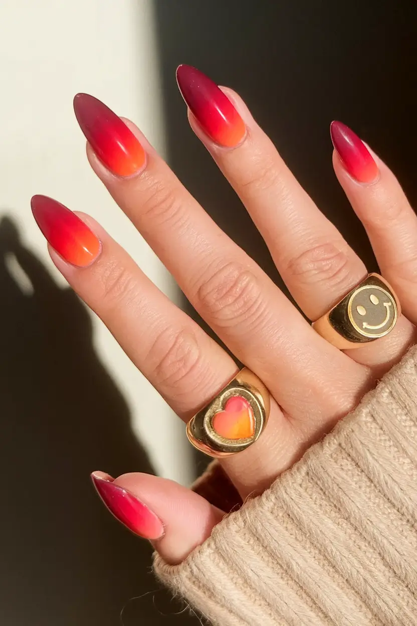 red summer nails that pop in 2025 Sunset Ombre for Tropical Vibes