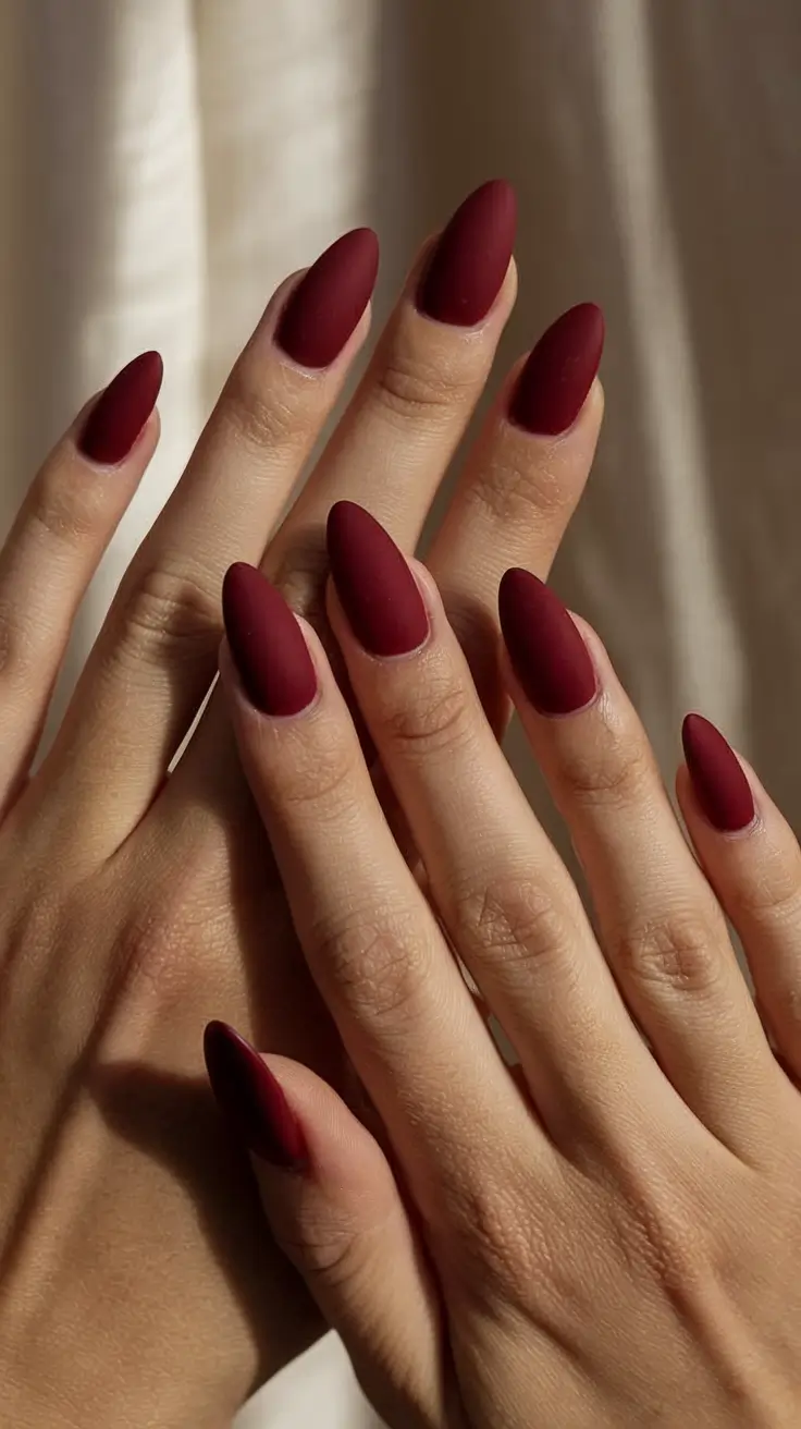red summer nails that pop in 2025 Matte Burgundy Velvet Elegance