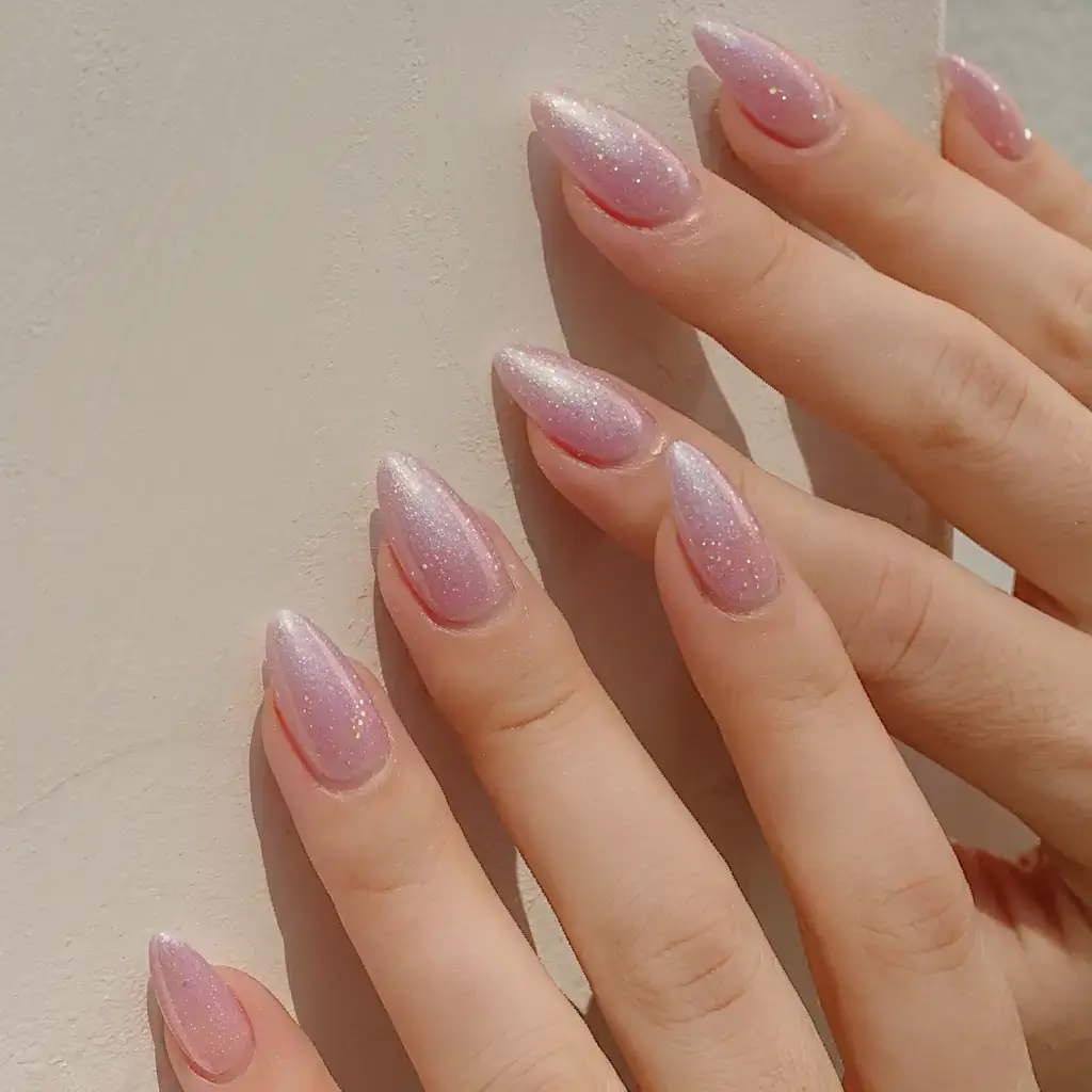 round summer nails that slay in 2025 Holographic Sunset Sugar