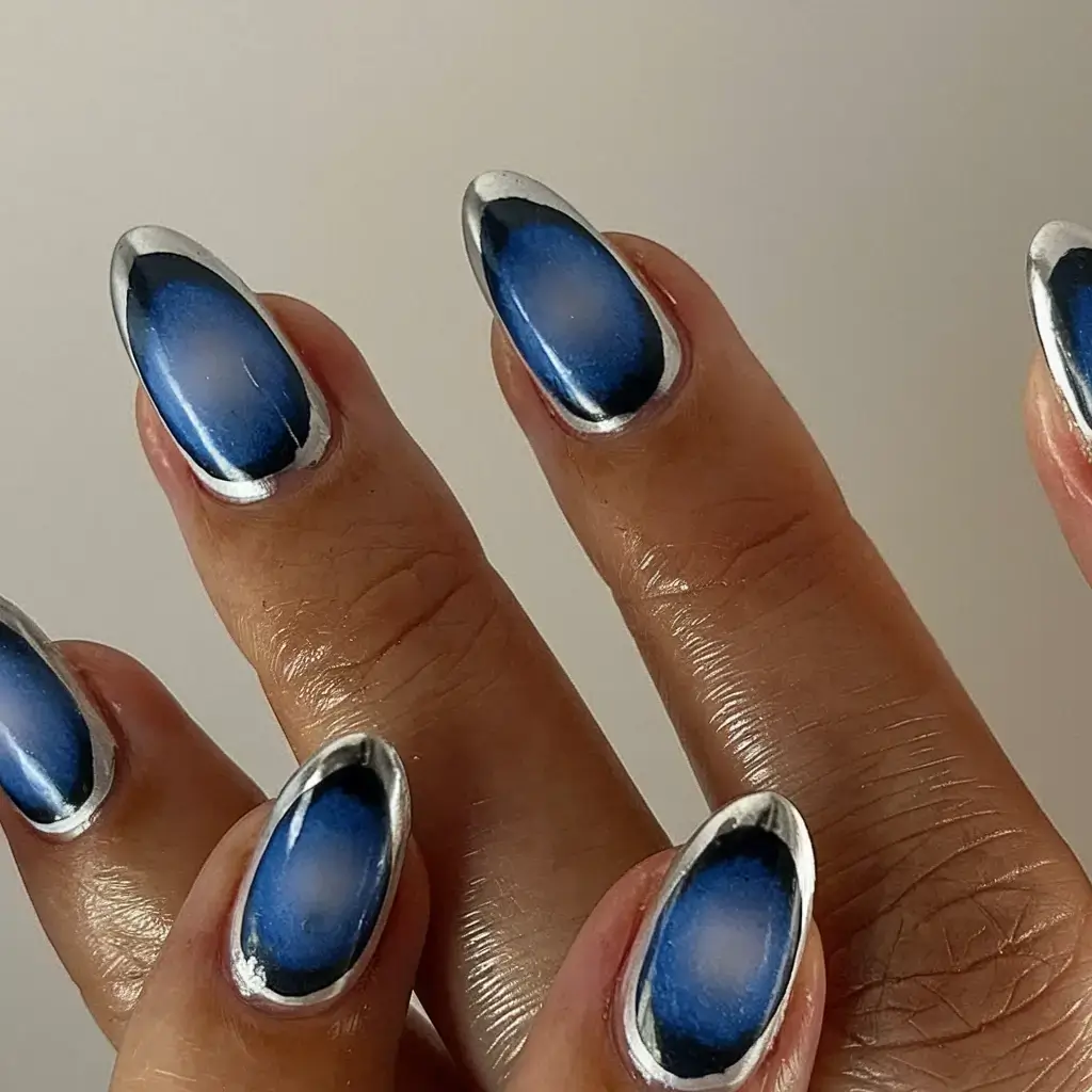 round summer nails that slay in 2025 Galactic Blue Chrome Drama