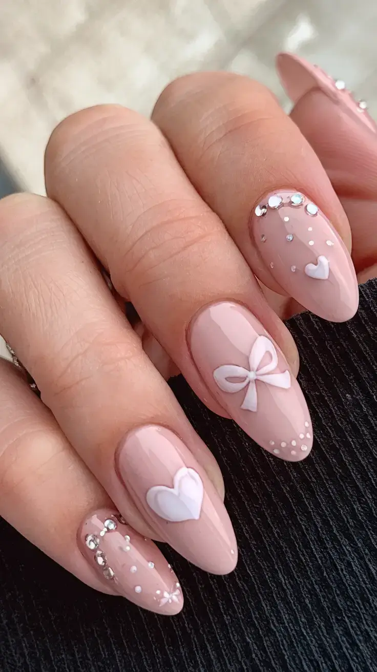 round summer nails that slay in 2025 Romantic Bow & Crystal Sweetness