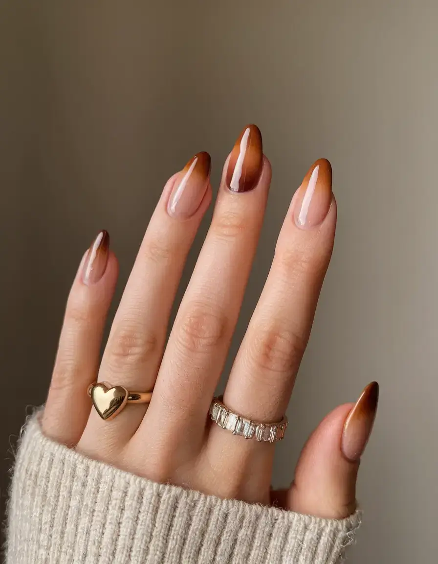 round summer nails that slay in 2025 Caramel Swirl Glazed Ombré