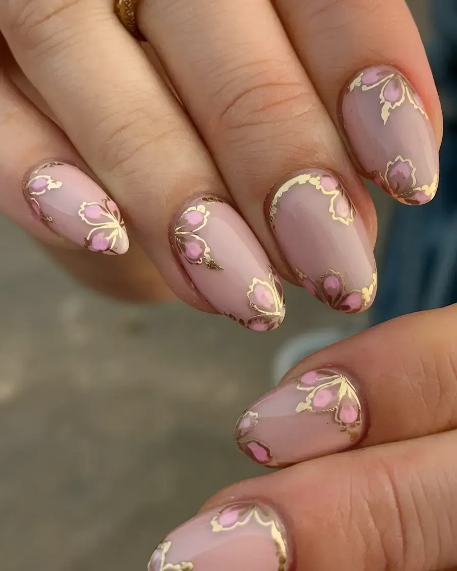 round summer nails that slay in 2025 Ornate Blush and Gold Royalty