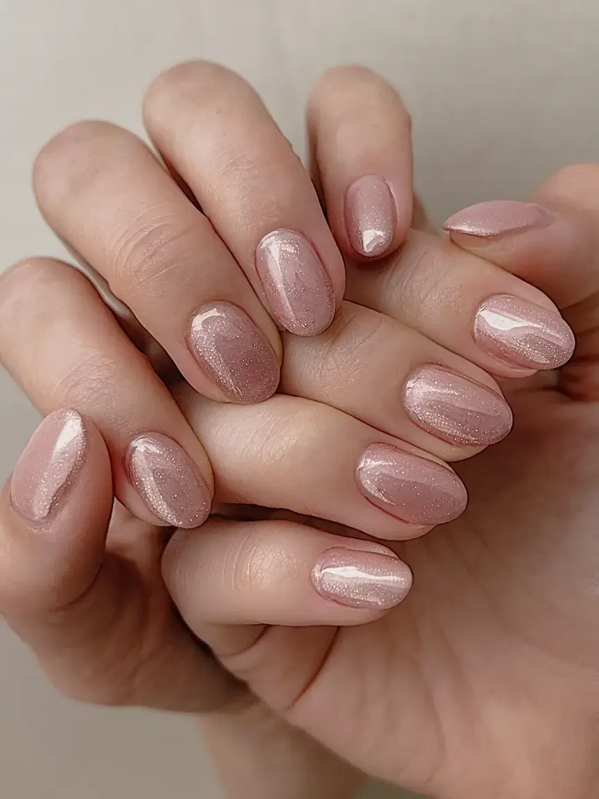 round summer nails that slay in 2025 Stardust Pink with Subtle Shimmer