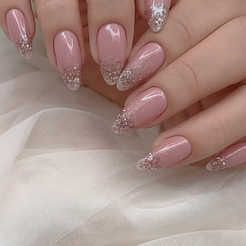 round summer nails that slay in 2025 Champagne Glitter Ombre Luxe