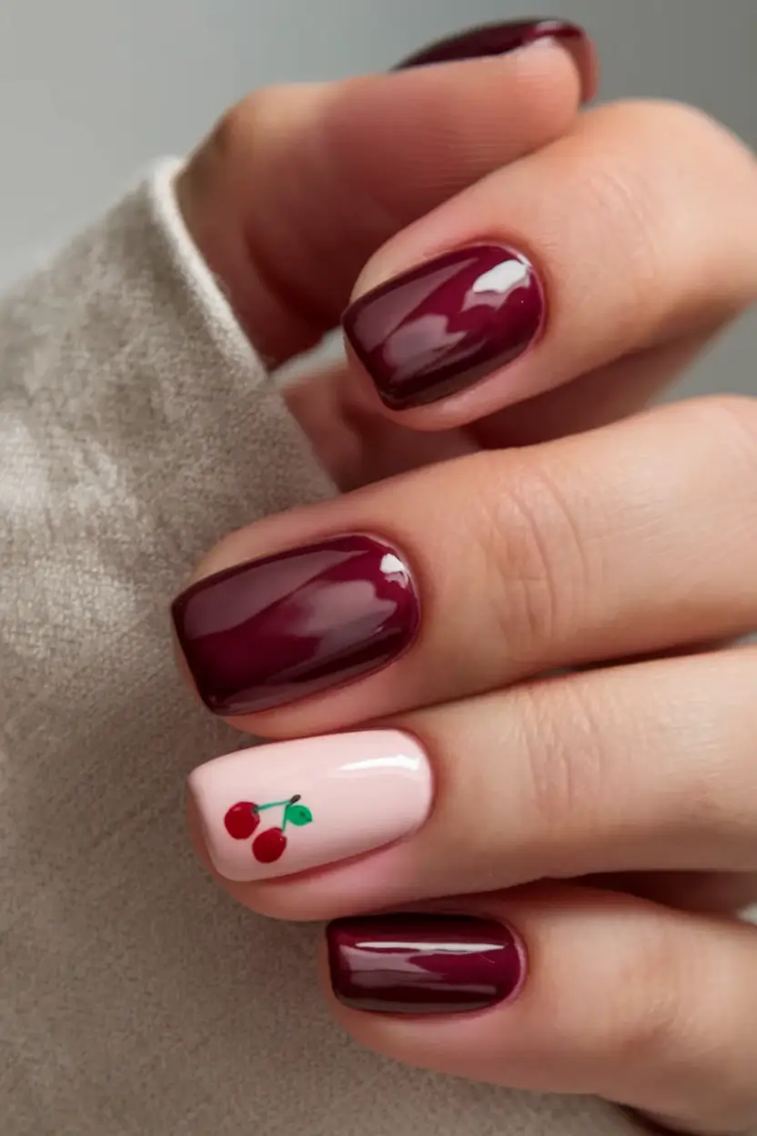 short acrylic nails for summer 2025 vibes Cherry Accent Chic