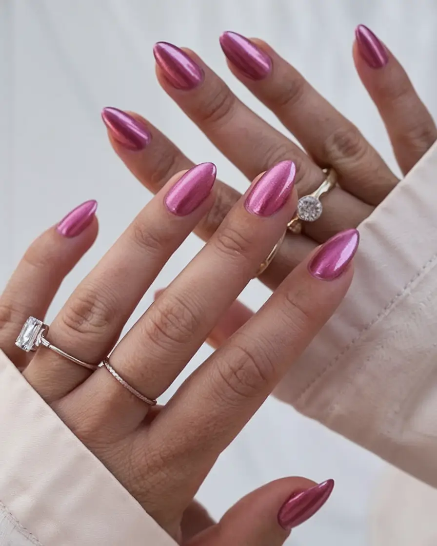 short acrylic nails for summer 2025 vibes Metallic Pink Mirage
