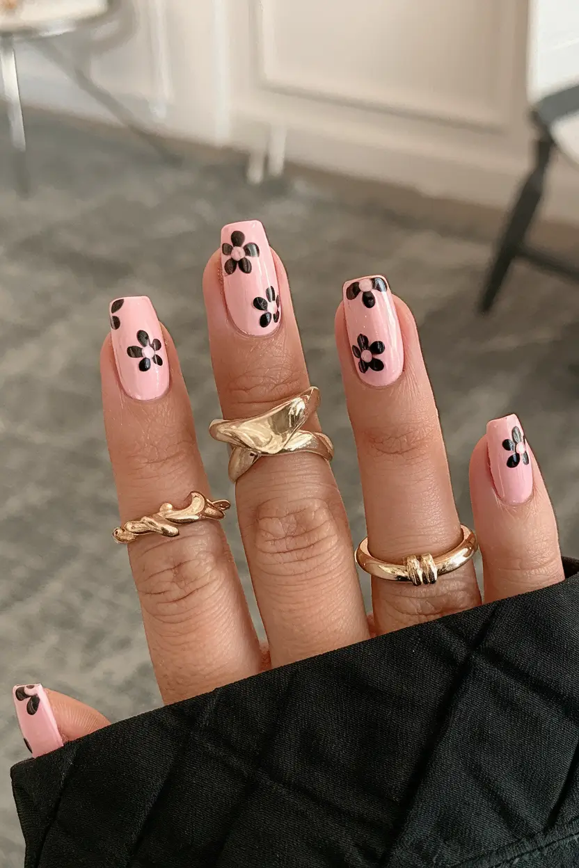short acrylic nails for summer 2025 vibes Retro Bloom in Pink + Black
