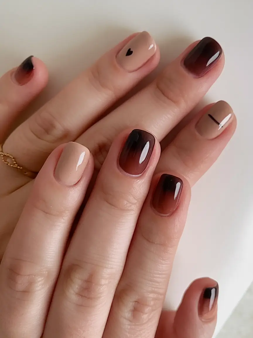 short acrylic nails for summer 2025 vibes Espresso Fade + Minimal Hearts