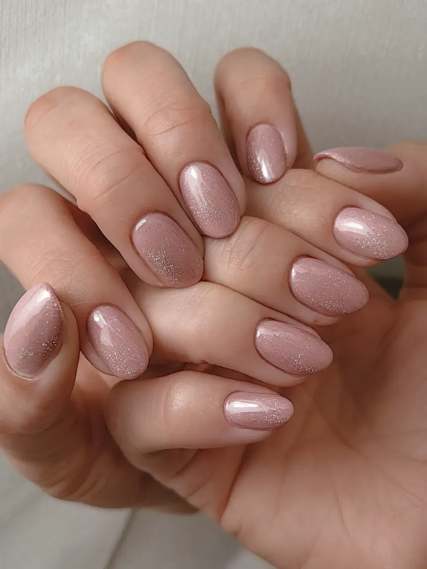 short acrylic nails for summer 2025 vibes Champagne Sparkle with Subtle Shimmer