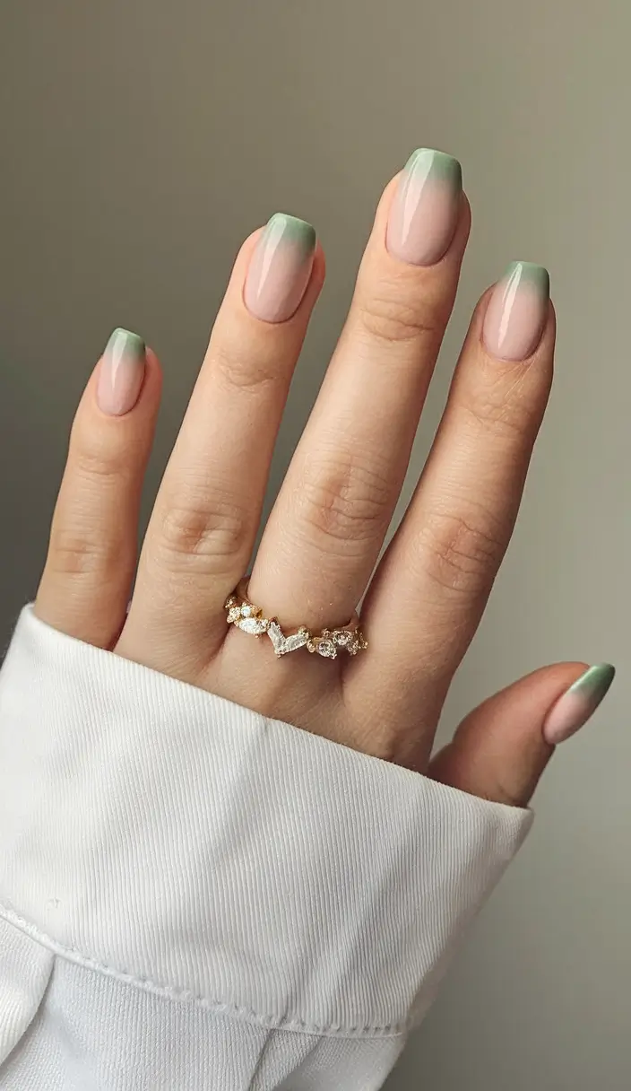 short acrylic nails for summer 2025 vibes Green-Tipped Minimalism