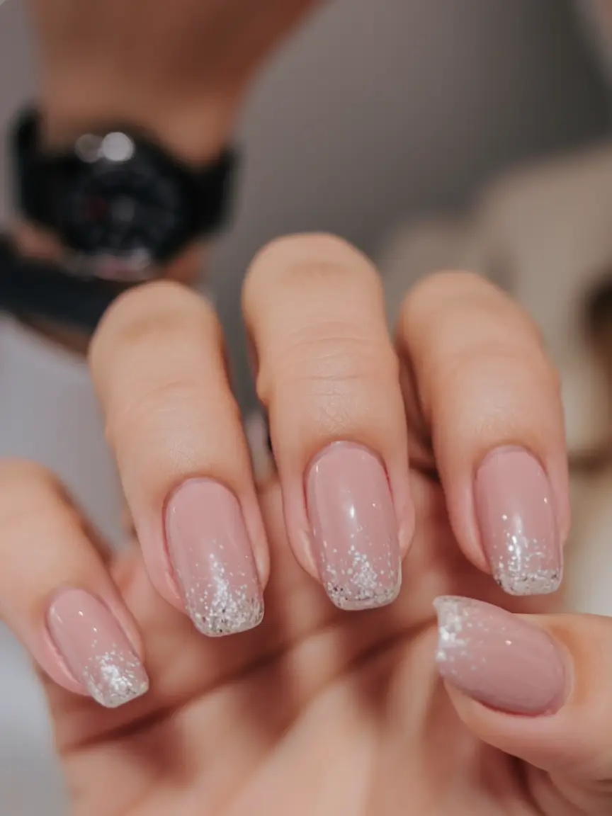 simple summer nail looks for 2025 Glitter-Tipped Rose: Subtle Sparkle for Summer Nights