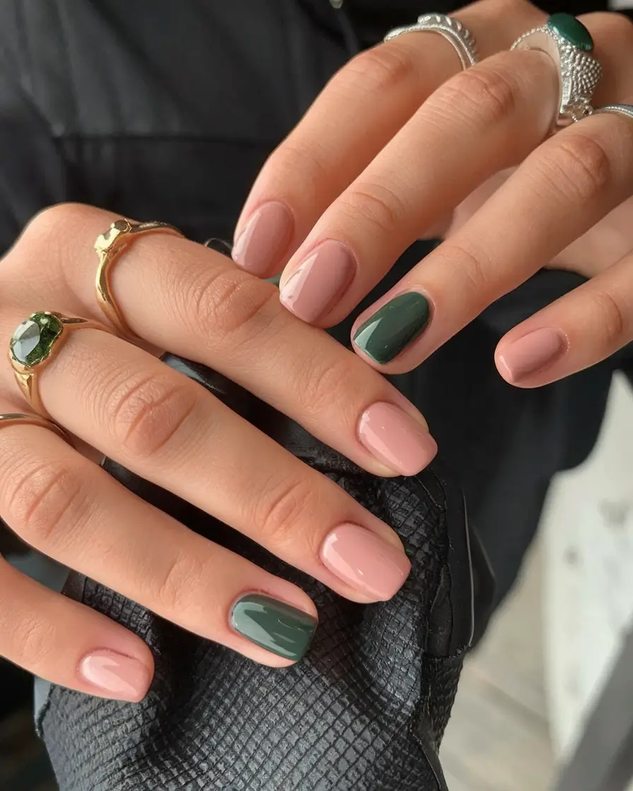 simple summer nail looks for 2025 Green Meets Nude: Unexpected Summer Contrast